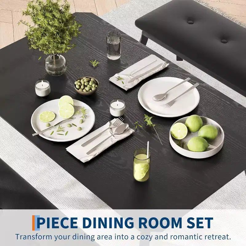 3-Piece Dining Table Set, Rectangular Wooden Kitchen Table with 2 Upholstered Benches, Space-Saving Farmhouse Dinette Set