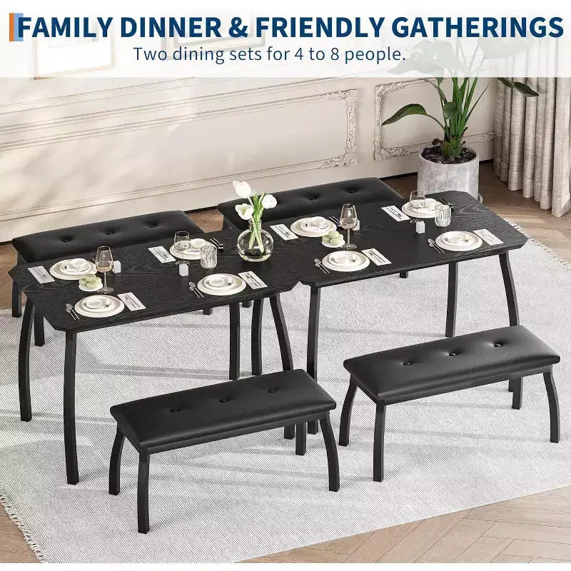 3-Piece Dining Table Set, Rectangular Wooden Kitchen Table with 2 Upholstered Benches, Space-Saving Farmhouse Dinette Set