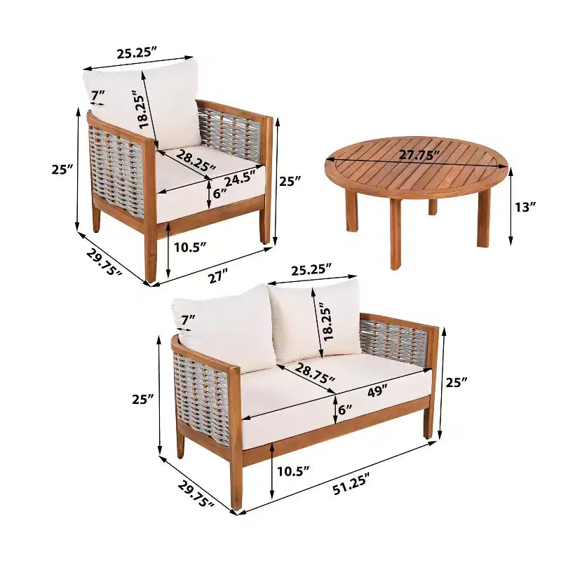 Christopher Knight Home Omen Modern 4 Piece Patio Acacia Wood Woven Rope Seating Set with Slatted Round Table