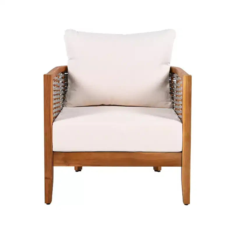 Christopher Knight Home Omen Modern 4 Piece Patio Acacia Wood Woven Rope Seating Set with Slatted Round Table