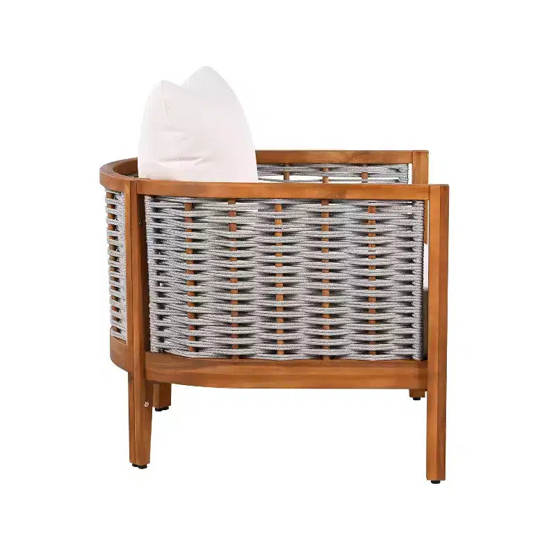 Christopher Knight Home Omen Modern 4 Piece Patio Acacia Wood Woven Rope Seating Set with Slatted Round Table