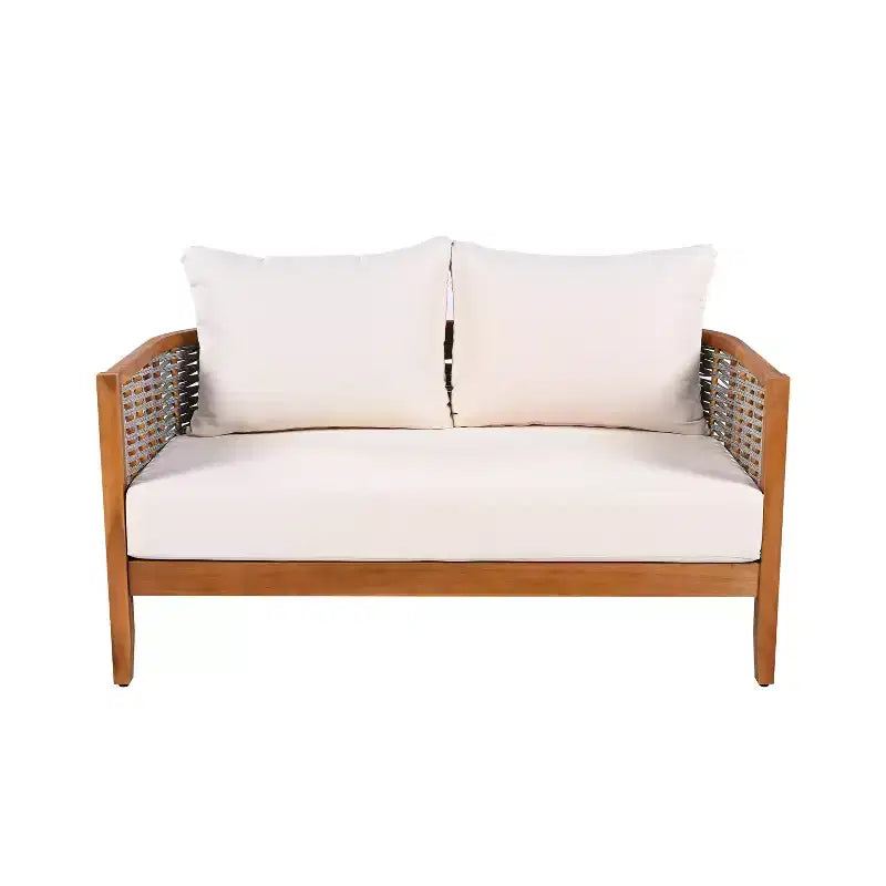 Christopher Knight Home Omen Modern 4 Piece Patio Acacia Wood Woven Rope Seating Set with Slatted Round Table
