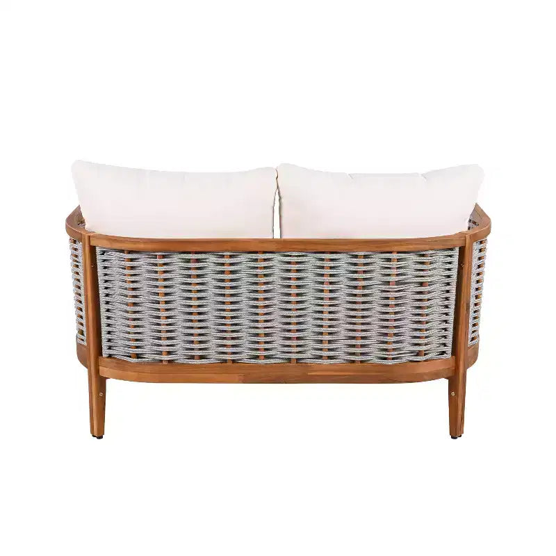 Christopher Knight Home Omen Modern 4 Piece Patio Acacia Wood Woven Rope Seating Set with Slatted Round Table