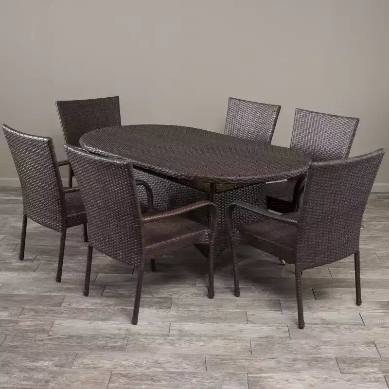 GDFStudio Slate 7-teiliges Outdoor-Rattan-Essset mit stapelbaren Stühlen