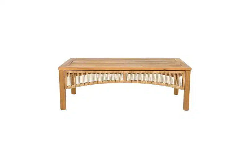 Christopher Knight Home Ignis Boho 5 Piece Patio Acacia Wood Faux Rattan Chat Set with Cushions and Slatted Coffee Table