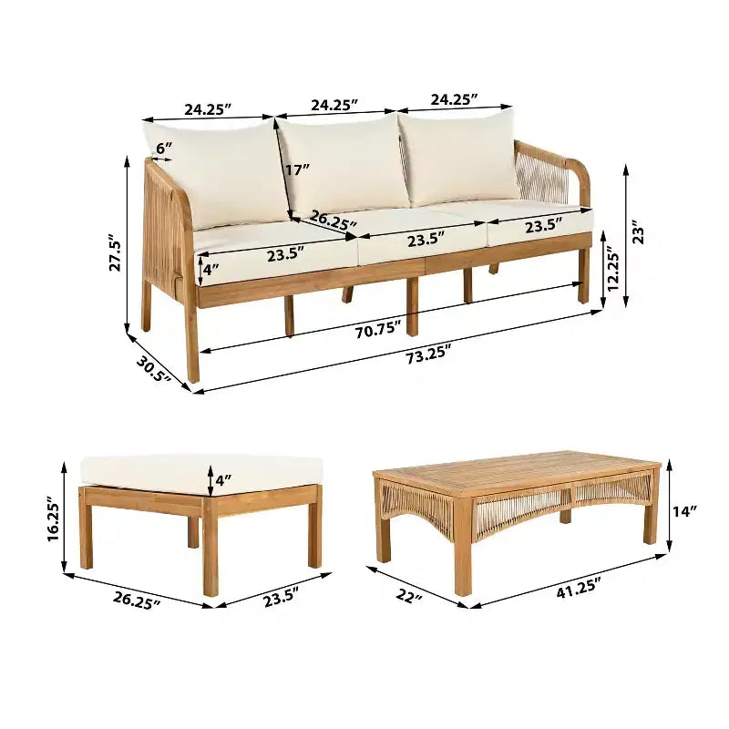 Christopher Knight Home Ignis Boho 5 Piece Patio Acacia Wood Faux Rattan Chat Set with Cushions and Slatted Coffee Table