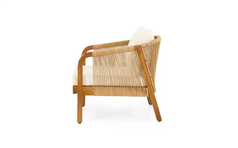 Christopher Knight Home Ignis Boho 5 Piece Patio Acacia Wood Faux Rattan Chat Set with Cushions and Slatted Coffee Table