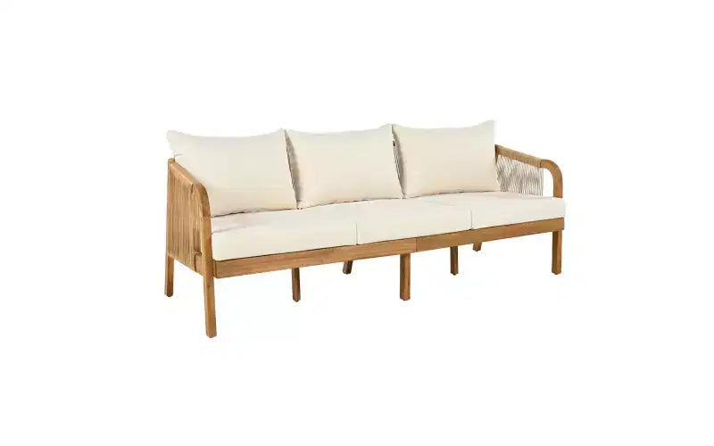 Christopher Knight Home Ignis Boho 5 Piece Patio Acacia Wood Faux Rattan Chat Set with Cushions and Slatted Coffee Table