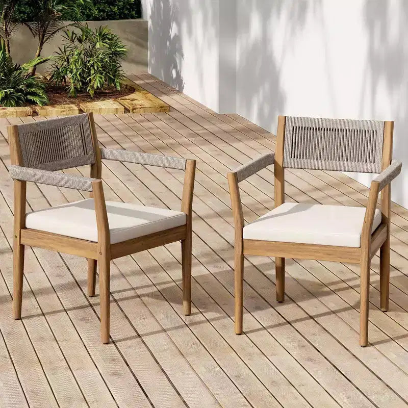 NAYSAYE matgrupp för uteplats med flätade matstolar i akaciaträ, dynor och armstöd för trädgård och poolområde, teak och beige, 23.25*21.5*32.25