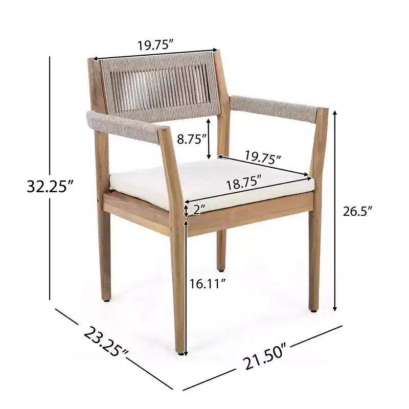 NAYSAYE matgrupp för uteplats med flätade matstolar i akaciaträ, dynor och armstöd för trädgård och poolområde, teak och beige, 23.25*21.5*32.25