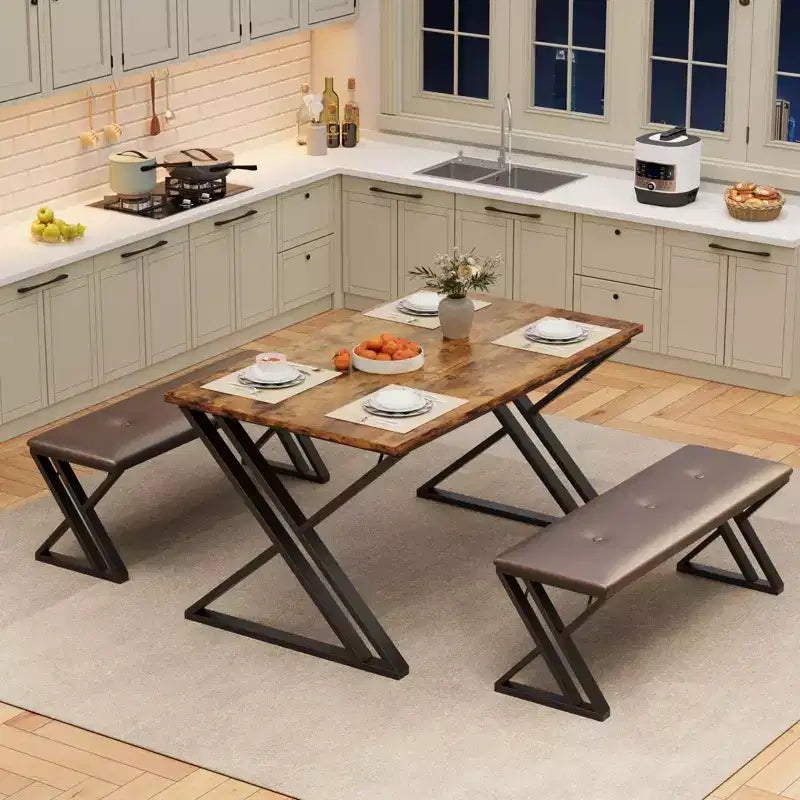 Zestaw stołu jadalnianego dla 4 osób, industrialny stół kuchenny z 2 tapicerowanymi ławkami z obiciem PU, drewniany stół do jadalni w stylu mid-century modern