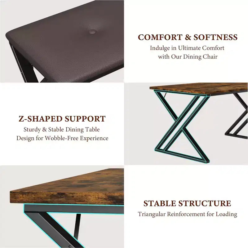 Zestaw stołu jadalnianego dla 4 osób, industrialny stół kuchenny z 2 tapicerowanymi ławkami z obiciem PU, drewniany stół do jadalni w stylu mid-century modern