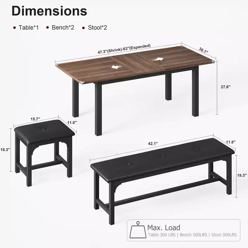 63 Large Extendable Dining Room Table Set, Ideal for Small Space, Set for 6-8