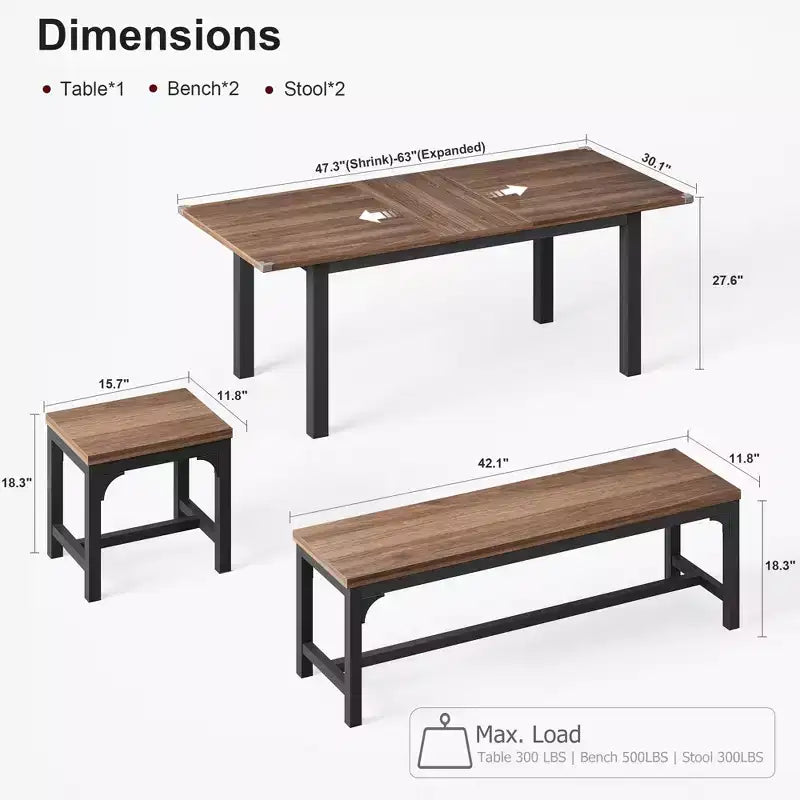 63 Large Extendable Dining Room Table Set, Ideal for Small Space, Set for 6-8