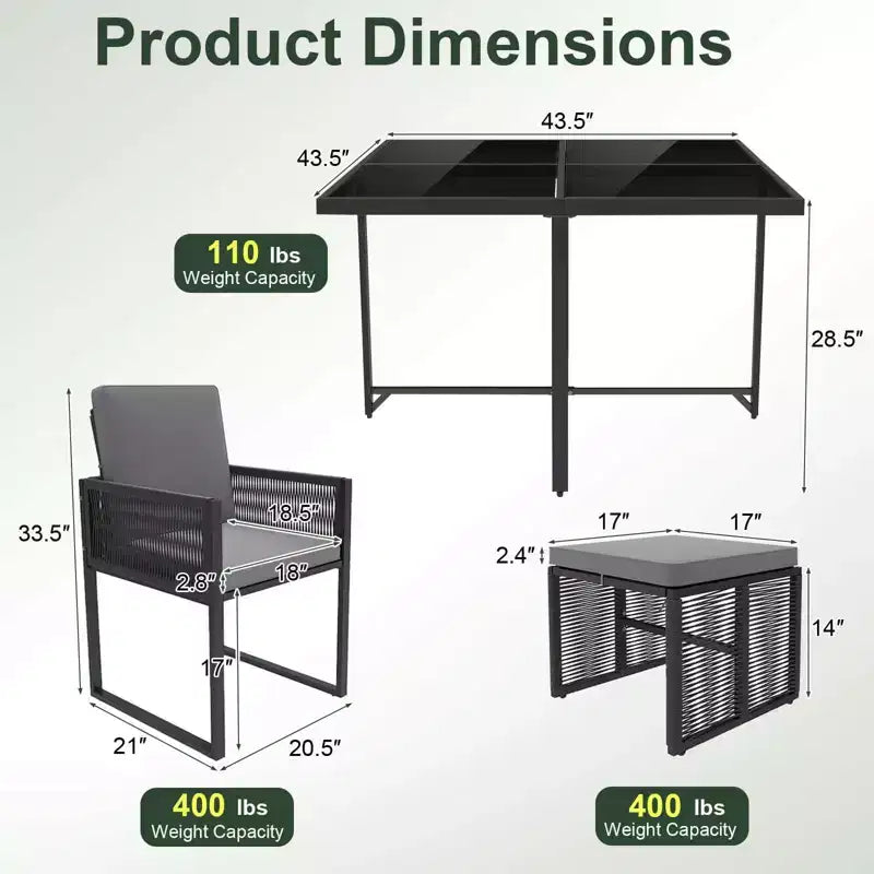 Set da pranzo da patio Costway da 9 pezzi con sedie in rattan PE, tavolo in vetro temperato e pouf