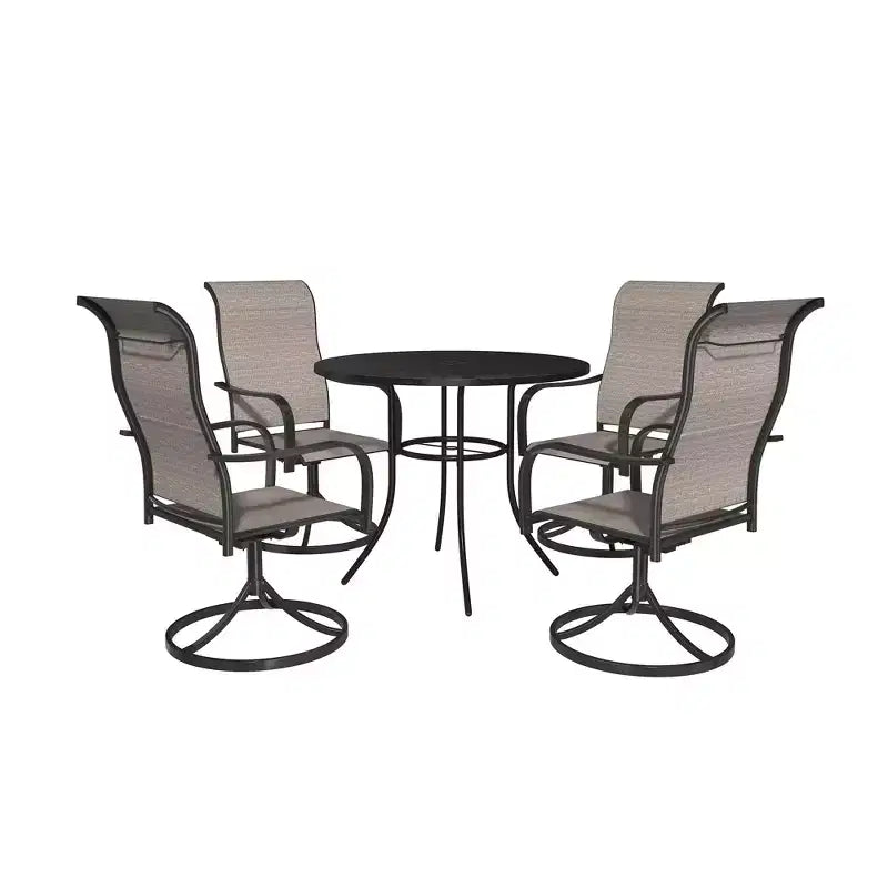 Set da pranzo da esterno Mondawe da 5 pezzi con 4 sedie girevoli e 1 tavolo rotondo in rete d'acciaio con foro per ombrellone