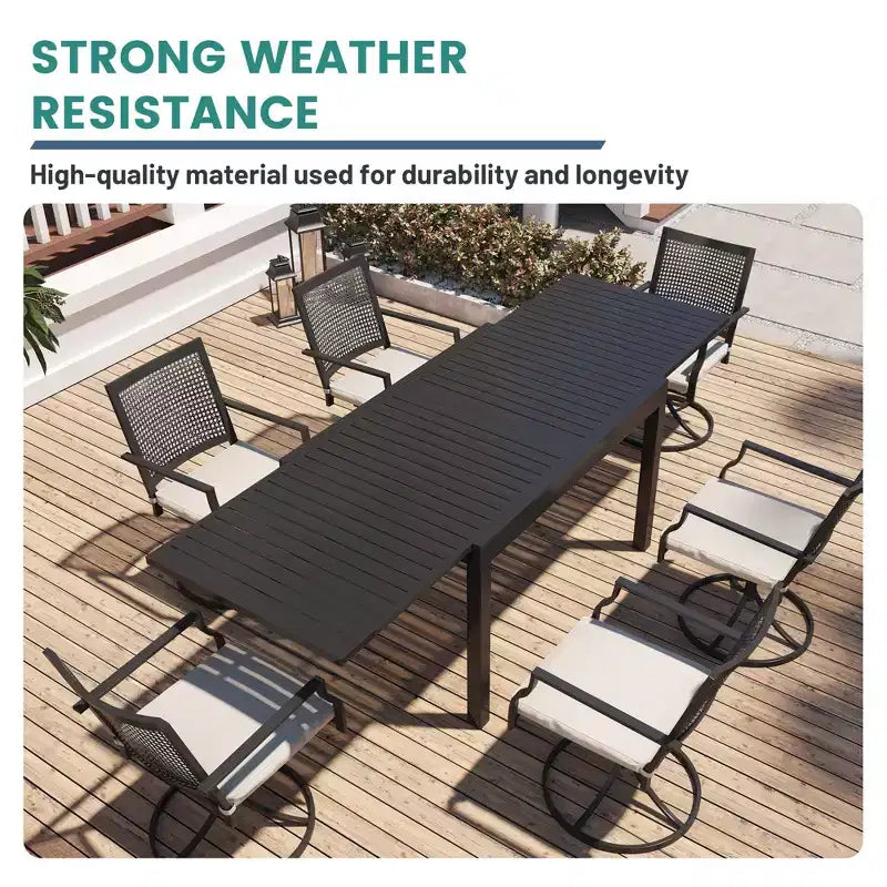 Mondawe 7-teiliges Ess-Set für die Terrasse, mit 1 ausziehbarem rechteckigem Tisch und 6 drehbaren Stühlen mit 360-Grad-Drehung