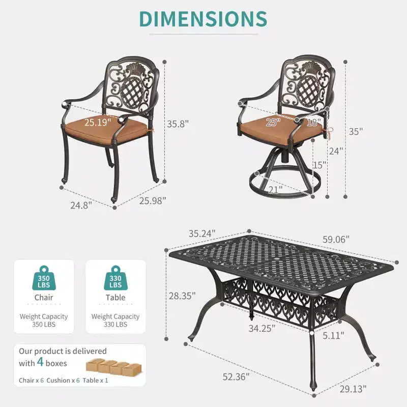 7-teiliges Gartenmöbel-Essplatz-Set, wetterfester Gartentisch und Stühle für 6 Personen, inklusive 4 Esszimmerstühlen, 2 drehbaren Stühlen und 60" rechteckigem Tisch