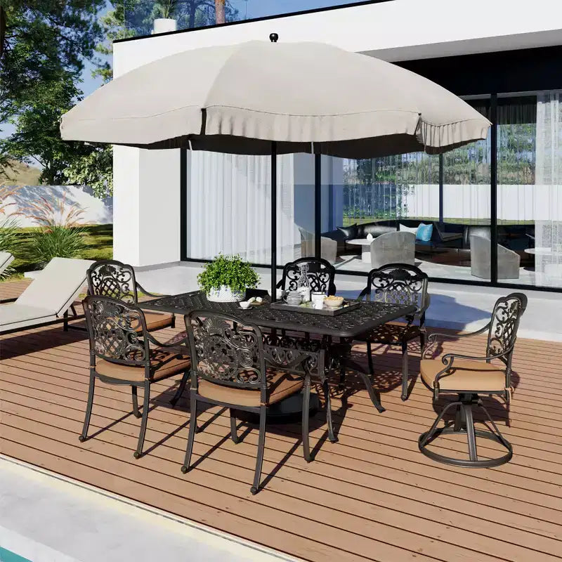 7-teiliges Gartenmöbel-Essplatz-Set, wetterfester Gartentisch und Stühle für 6 Personen, inklusive 4 Esszimmerstühlen, 2 drehbaren Stühlen und 60" rechteckigem Tisch