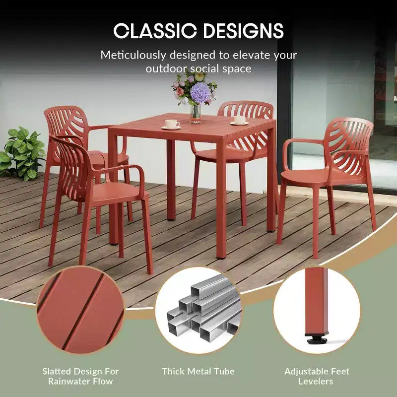 Juego de patio de 5 piezas WestinTrends Playa con mesa cuadrada de comedor con estructura metálica y sillas apilables para patio