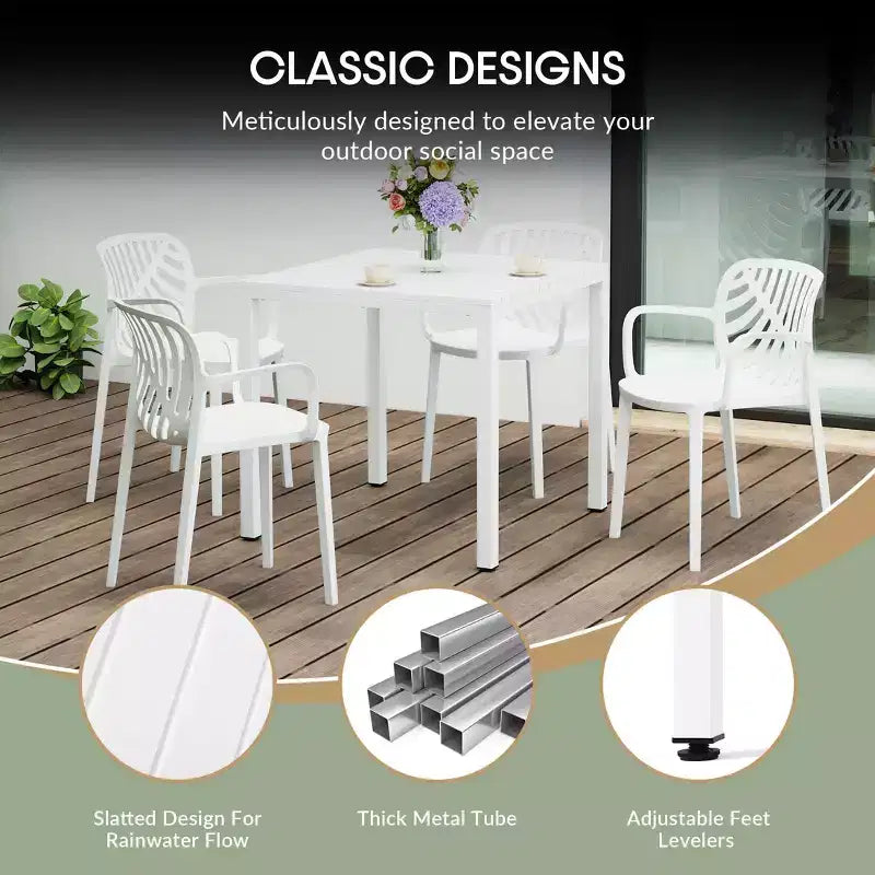 Juego de patio de 5 piezas WestinTrends Playa con mesa cuadrada de comedor con estructura metálica y sillas apilables para patio