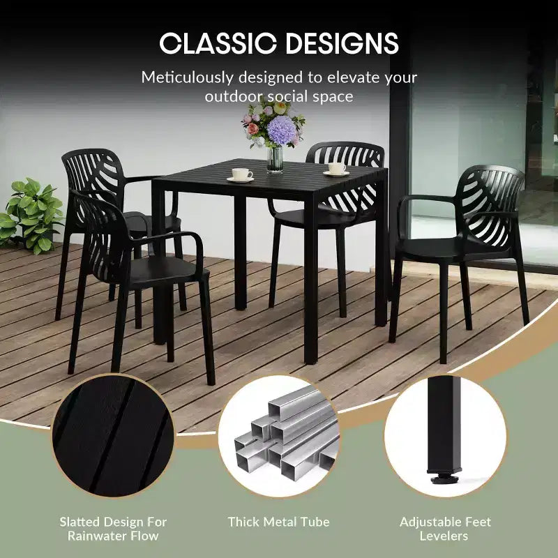 Juego de patio de 5 piezas WestinTrends Playa con mesa cuadrada de comedor con estructura metálica y sillas apilables para patio
