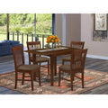 HomeStock Belmont 5Pc Wood Dining Table Set Contains a Drop Leaf Table and 4 Modern Dining Chairs with Linen Fabic Seat, Mahogany Finish
