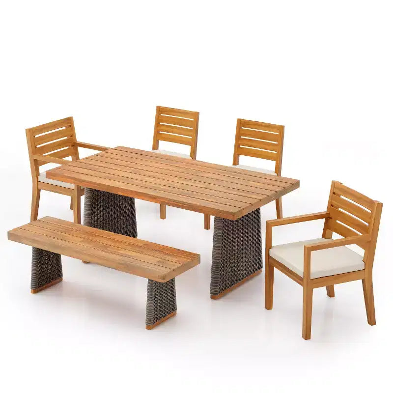 Set da pranzo rustico da esterno Christopher Knight Home Miranda, 6 pezzi, in rattan e legno di acacia con doghe, con cuscini