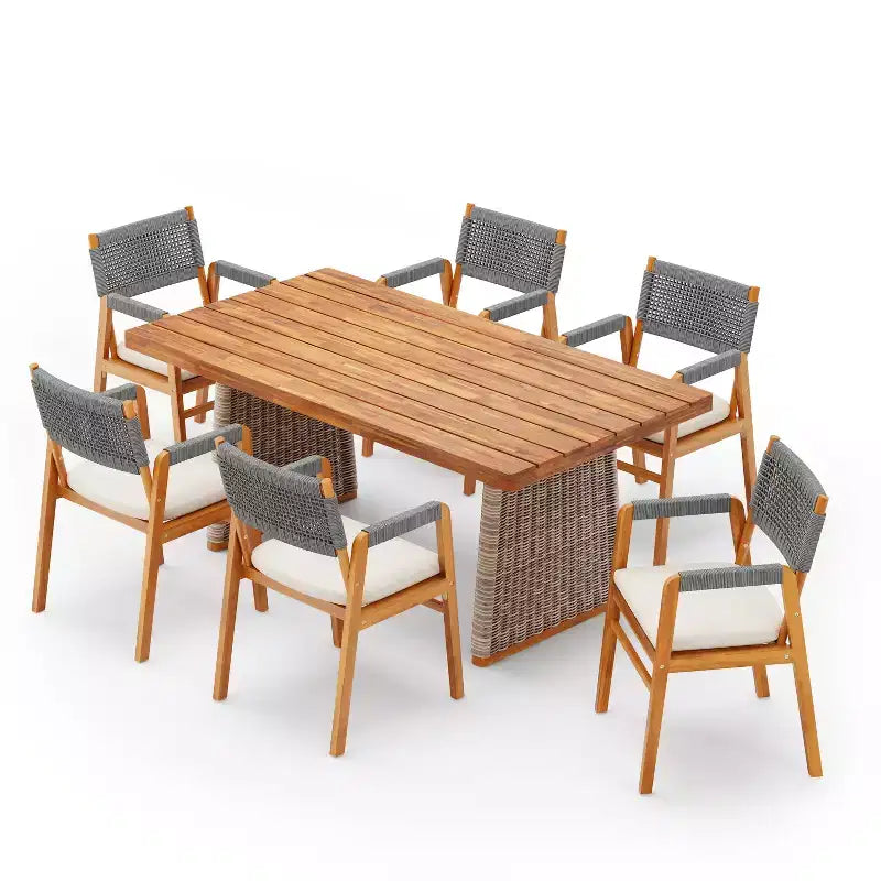 Conjunto de comedor rústico de exterior de 7 piezas Christopher Knight Home Francesca, con cuerda tejida, madera de acacia y mesa de listones de ratán