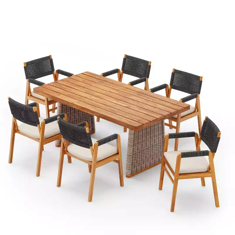 Conjunto de comedor rústico de exterior de 7 piezas Christopher Knight Home Francesca, con cuerda tejida, madera de acacia y mesa de listones de ratán
