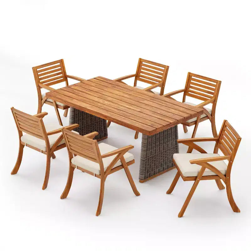 Christopher Knight Home Diana rustikales 7-teiliges Ess-Set aus Rattan und Akazienholz mit Lamellen für den Außenbereich, inklusive Polstern