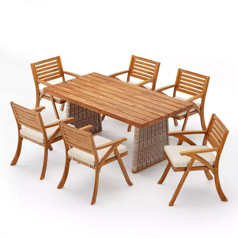 Christopher Knight Home Diana rustikales 7-teiliges Ess-Set aus Rattan und Akazienholz mit Lamellen für den Außenbereich, inklusive Polstern