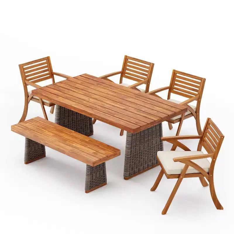 Christopher Knight Home Clara rustikales 6-teiliges Esszimmer-Set aus Rattan mit Lamellen und Akazienholz für den Außenbereich, mit Polstern