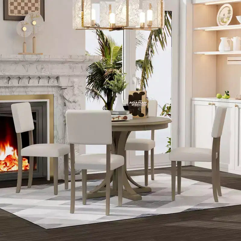 Round Dining Table Set for 4, 5 Pieces Retro Kitchen Table Set with 4 Upholstered Chairs