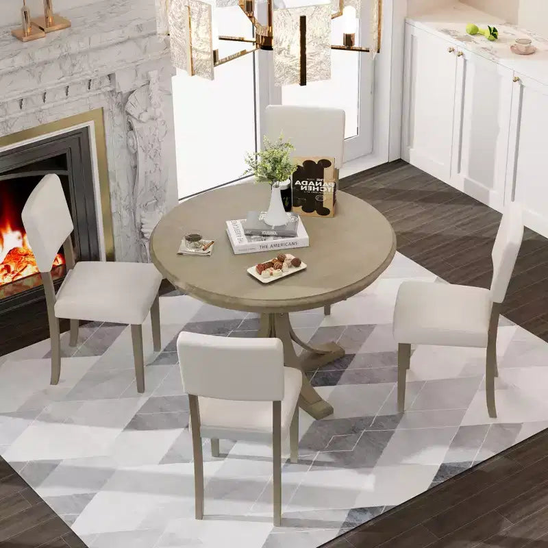 Round Dining Table Set for 4, 5 Pieces Retro Kitchen Table Set with 4 Upholstered Chairs