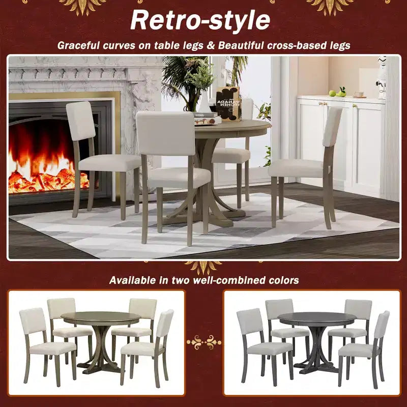 Round Dining Table Set for 4, 5 Pieces Retro Kitchen Table Set with 4 Upholstered Chairs