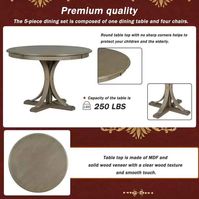 Round Dining Table Set for 4, 5 Pieces Retro Kitchen Table Set with 4 Upholstered Chairs