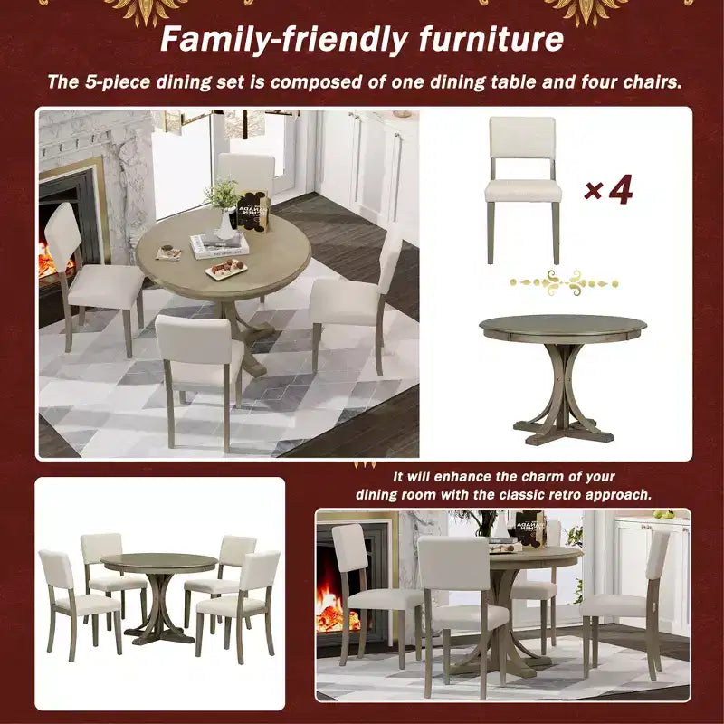 Round Dining Table Set for 4, 5 Pieces Retro Kitchen Table Set with 4 Upholstered Chairs