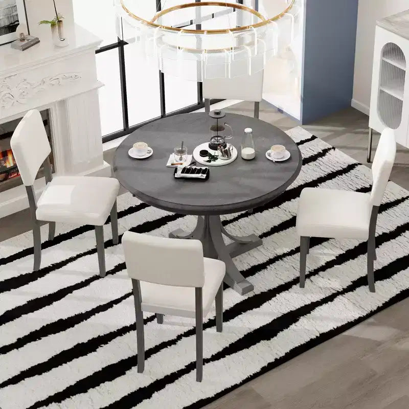 Round Dining Table Set for 4, 5 Pieces Retro Kitchen Table Set with 4 Upholstered Chairs