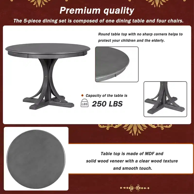Round Dining Table Set for 4, 5 Pieces Retro Kitchen Table Set with 4 Upholstered Chairs
