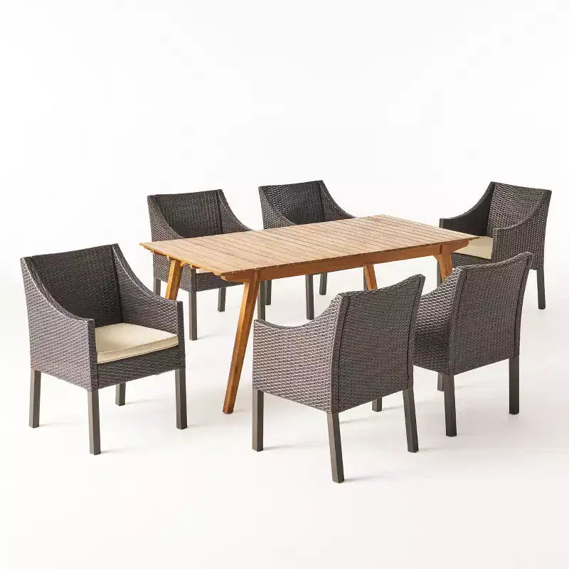 Set da pranzo da esterno Christopher Knight Home Vivian in vimini e legno di acacia, 7 pezzi, con cuscino