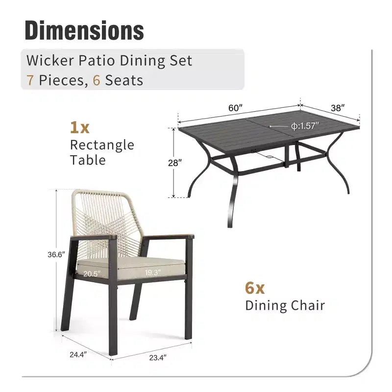 Mesa rectangular de acero con tablero de listones para comedor exterior de 7 piezas y sillas fijas de ratán beige de Captiva Designs