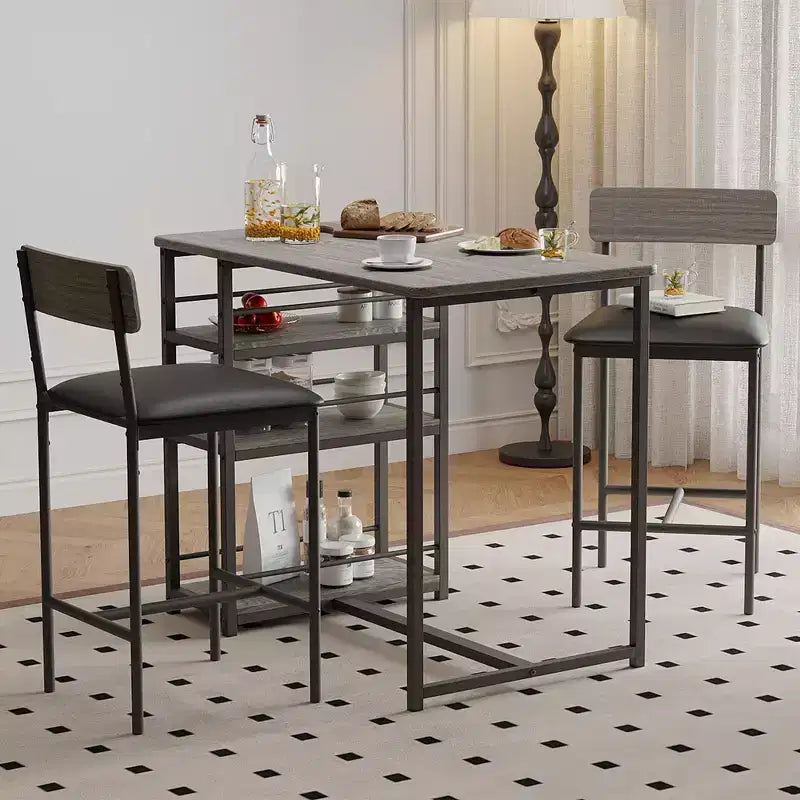 Bar Table Set for 2 with 2 PU Cushion Stools and 3 Storage Shelves, 3 Piece
