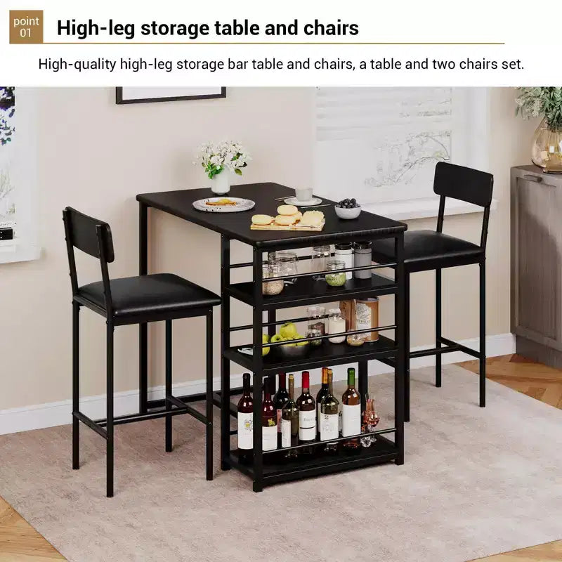 Bar Table Set for 2 with 2 PU Cushion Stools and 3 Storage Shelves, 3 Piece