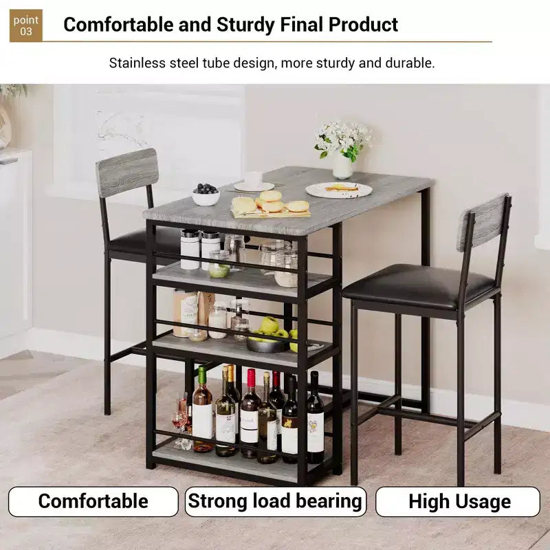 Bar Table Set for 2 with 2 PU Cushion Stools and 3 Storage Shelves, 3 Piece