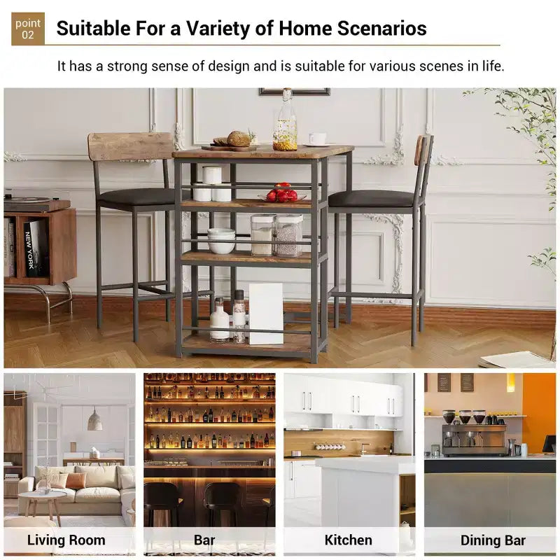 Bar Table Set for 2 with 2 PU Cushion Stools and 3 Storage Shelves, 3 Piece