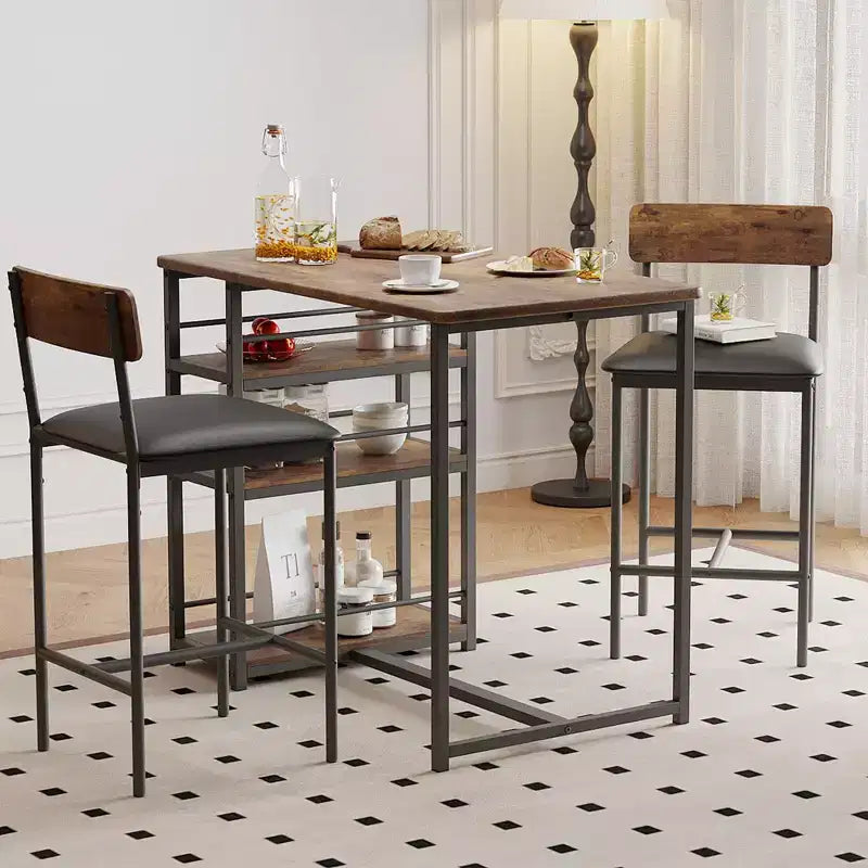 Bar Table Set for 2 with 2 PU Cushion Stools and 3 Storage Shelves, 3 Piece