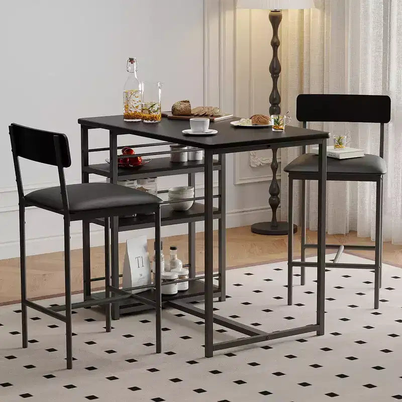 Bar Table Set for 2 with 2 PU Cushion Stools and 3 Storage Shelves, 3 Piece