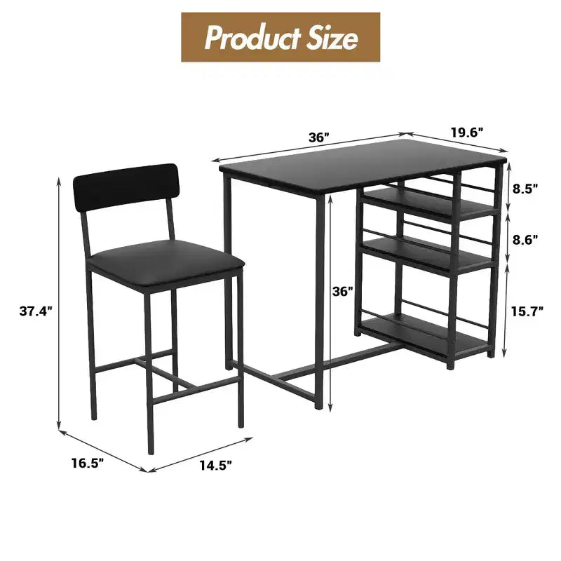 Bar Table Set for 2 with 2 PU Cushion Stools and 3 Storage Shelves, 3 Piece