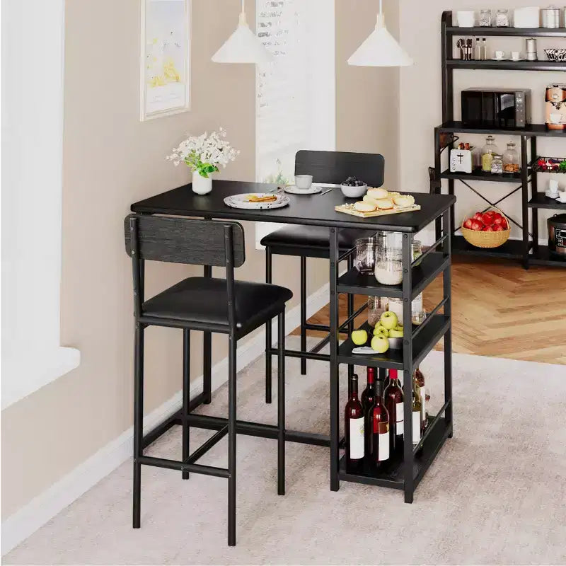 Bar Table Set for 2 with 2 PU Cushion Stools and 3 Storage Shelves, 3 Piece